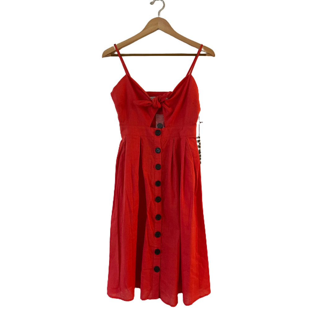 HYFVE Size S Front Tie Cutout Midi Dress Button Front Sleeveless Rayon‎ Red NWT